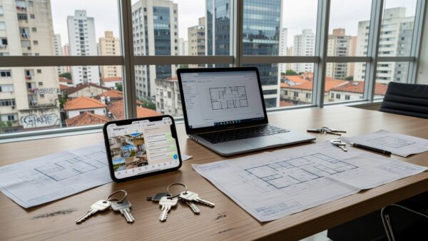 Mesa com smartphone e notebook para marca pessoal de corretor no Instagram e WhatsApp