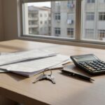 Mesa com contratos e chaves de propostas imobiliárias em escritório brasileiro