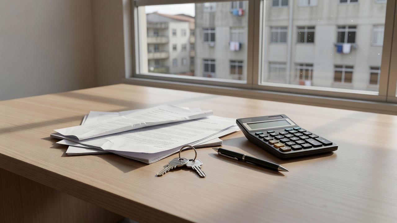Mesa com contratos e chaves de propostas imobiliárias em escritório brasileiro