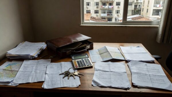Mesa de corretor de imóveis com documentos e vista urbana no Brasil
