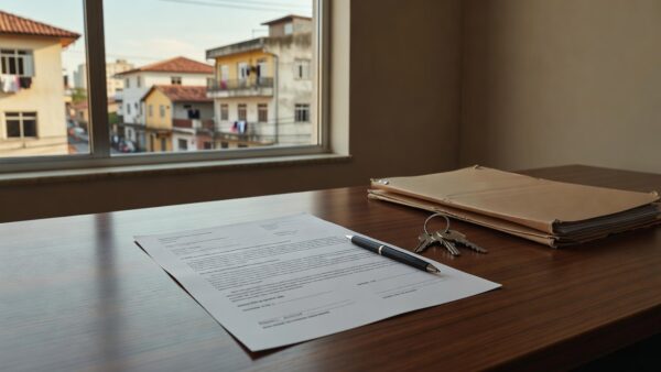 Contrato de intermediação imobiliária com documentos e chaves sobre mesa de escritório
