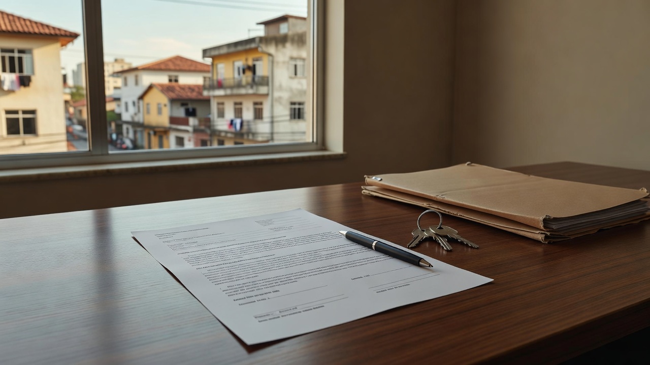 Contrato de intermediação imobiliária com documentos e chaves sobre mesa de escritório
