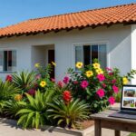 Casa residencial brasileira ao lado de laptop com anúncios de imóveis