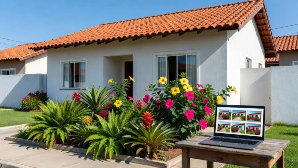 Casa residencial brasileira ao lado de laptop com anúncios de imóveis