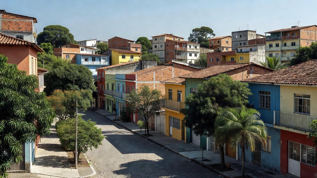 Bairro residencial brasileiro com casas e prédios, representando captação de imóveis para corretores