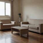 Apartamento brasileiro vazio com câmera em tripé durante visita de captação imobiliária