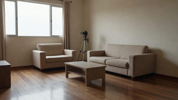 Apartamento brasileiro vazio com câmera em tripé durante visita de captação imobiliária