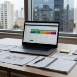 Tela de CRM com funil de vendas imobiliário organizado em escritório brasileiro