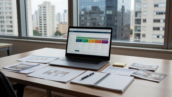 Tela de CRM com funil de vendas imobiliário organizado em escritório brasileiro