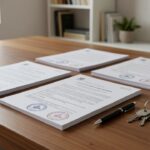 Documentos de contrato de corretagem de imóvel sobre mesa em escritório brasileiro