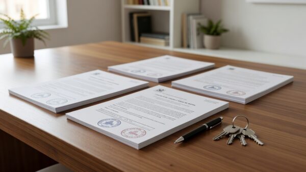 Documentos de contrato de corretagem de imóvel sobre mesa em escritório brasileiro
