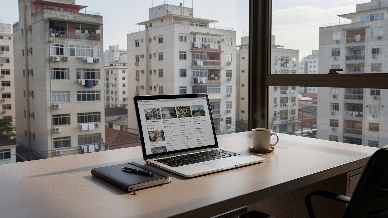Notebook com anúncios de imóveis em portal imobiliário brasileiro