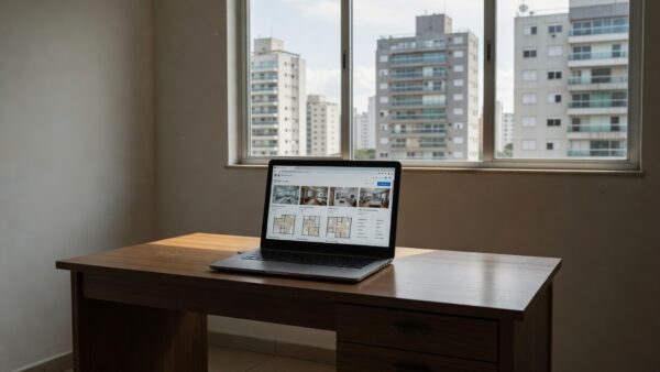 Laptop com interface de Meta Ads para captação de imóveis residenciais no Brasil
