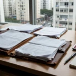 Pasta com documentos imobiliários sobre mesa em escritório no Brasil