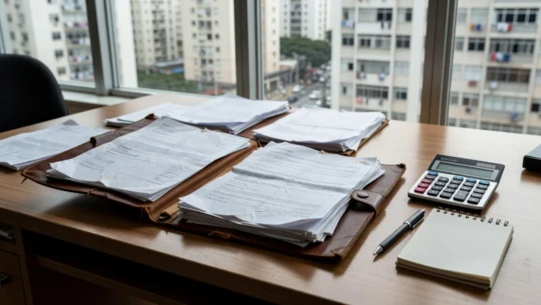 Pasta com documentos imobiliários sobre mesa em escritório no Brasil