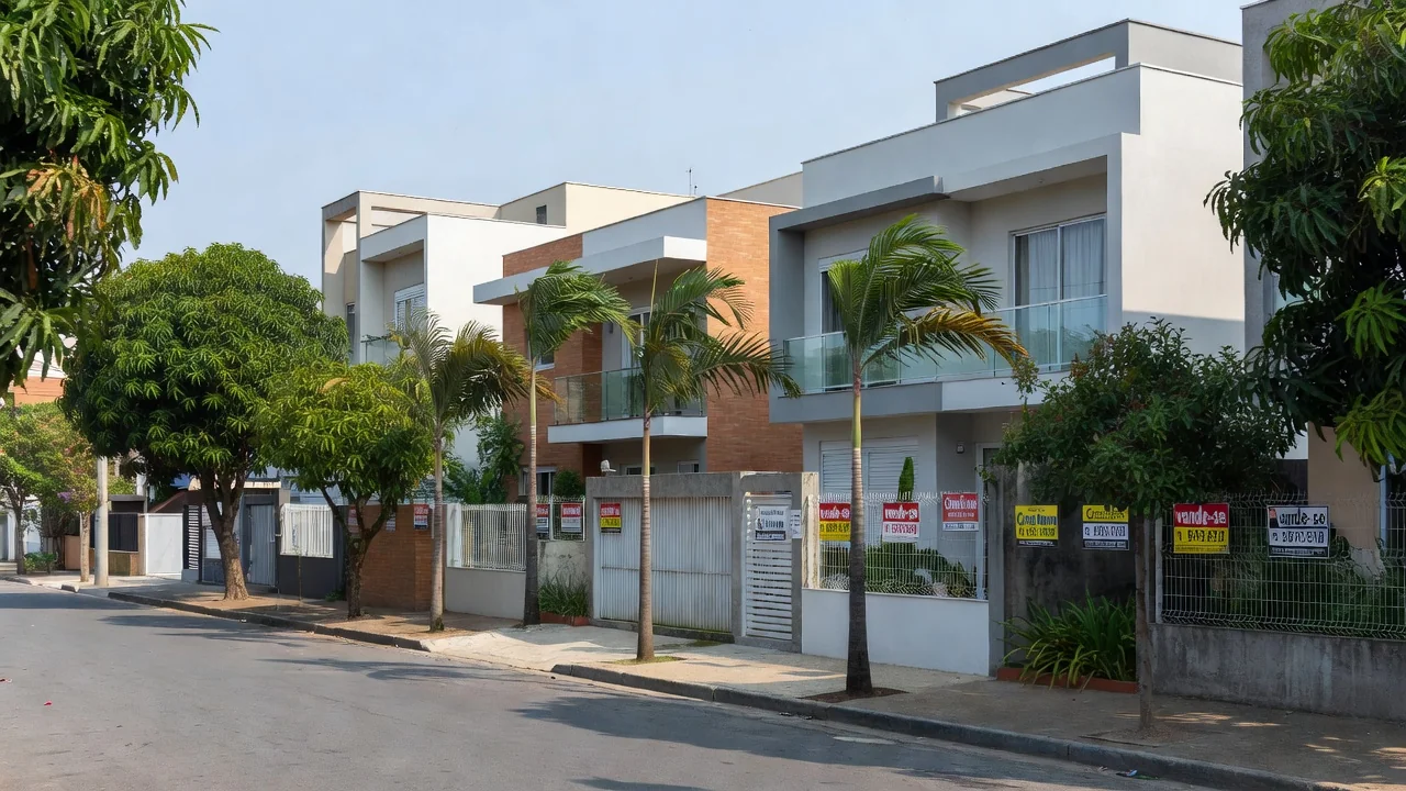 Rua residencial brasileira com placas de venda de imóveis