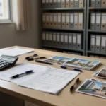 Mesa com documentos de co-corretagem imobiliária em escritório no Brasil