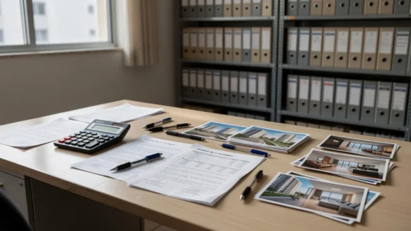 Mesa com documentos de co-corretagem imobiliária em escritório no Brasil