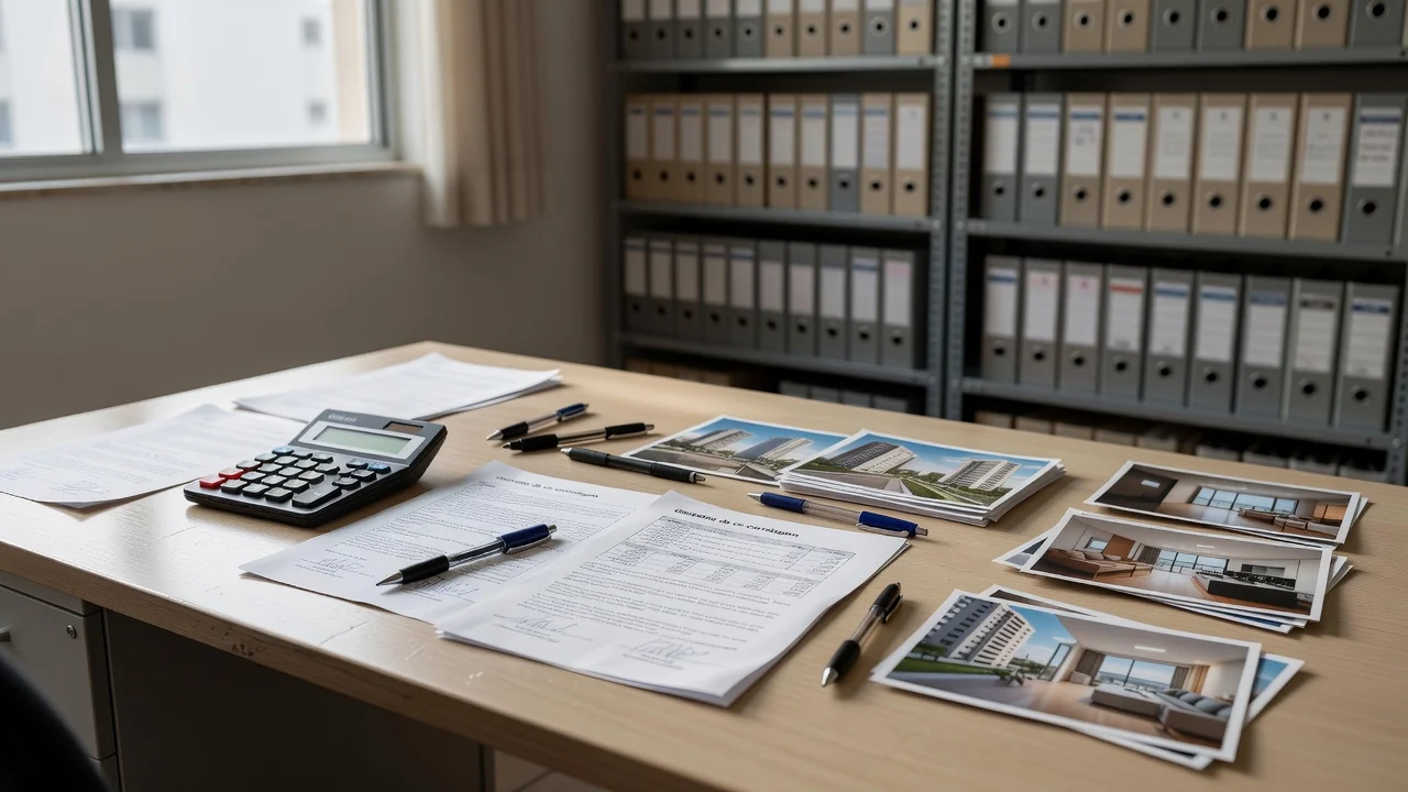 Mesa com documentos de co-corretagem imobiliária em escritório no Brasil