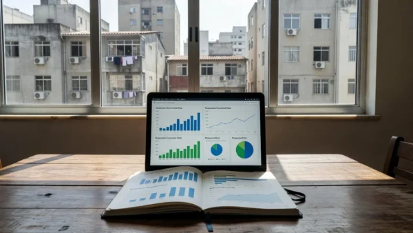 Notebook com gráficos de conversão em portal imobiliário brasileiro