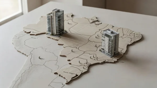 Mapa do Brasil com edifícios de São Paulo e Rio simbolizando parcerias imobiliárias inter-regionais