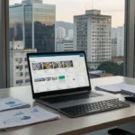 Laptop com portais imobiliários em mesa de escritório para cálculo de tempo médio de resposta