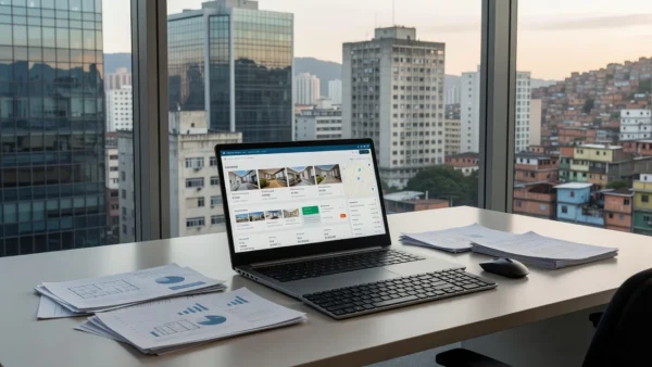 Laptop com portais imobiliários em mesa de escritório para cálculo de tempo médio de resposta