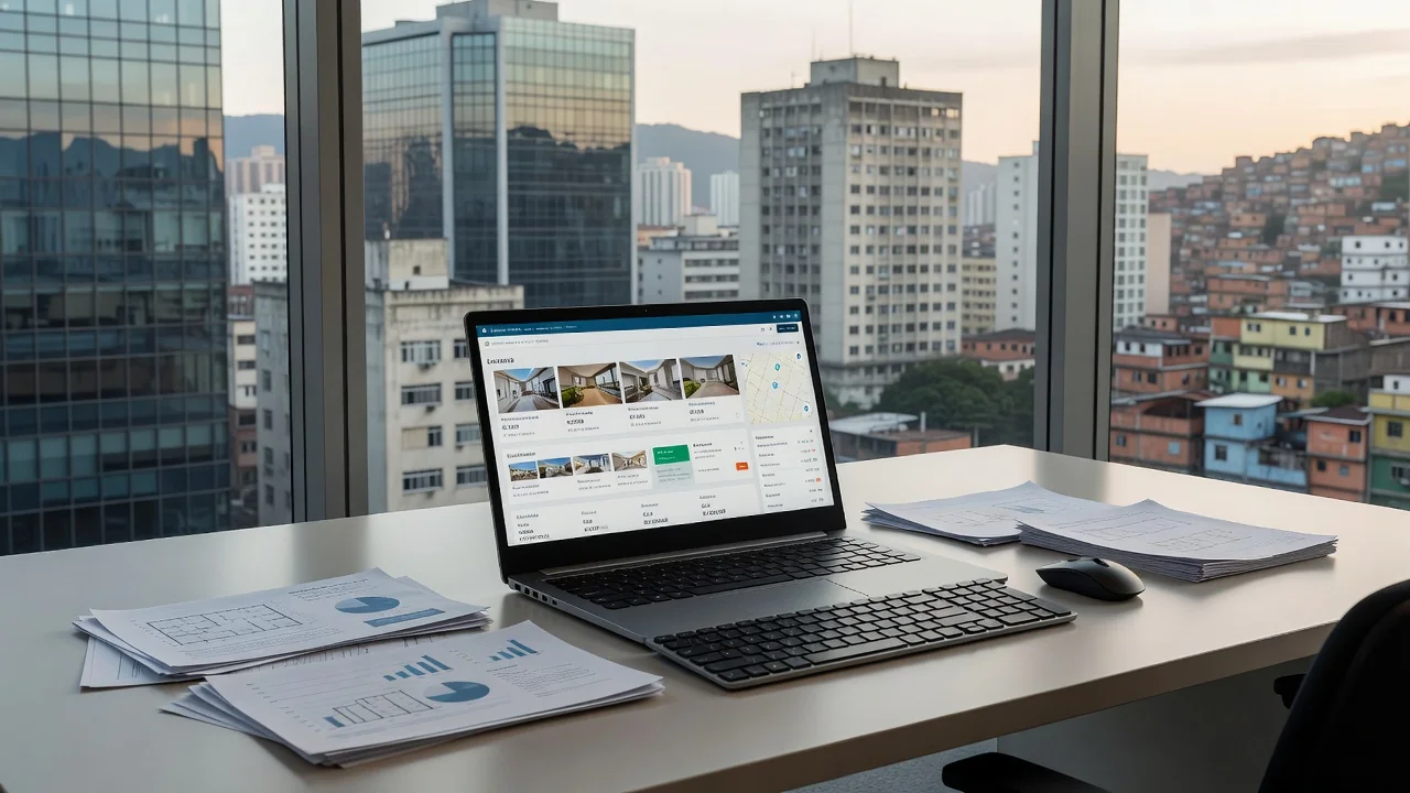 Laptop com portais imobiliários em mesa de escritório para cálculo de tempo médio de resposta