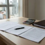 Mesa com contratos de intermediação imobiliária e documentos em escritório brasileiro