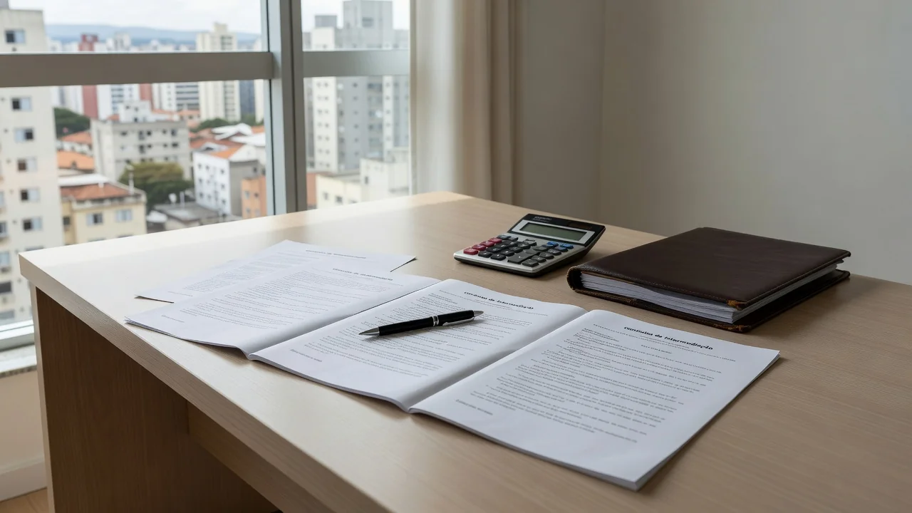 Mesa com contratos de intermediação imobiliária e documentos em escritório brasileiro