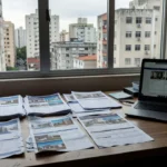 Mesa com anúncios de imóveis em escritório imobiliário no Brasil