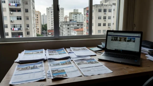 Mesa com anúncios de imóveis em escritório imobiliário no Brasil