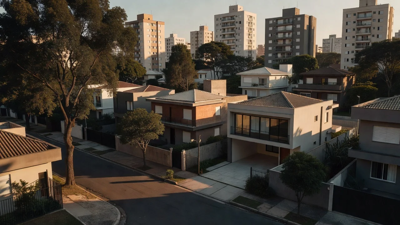 Bairro residencial brasileiro com casas e apartamentos para mercado imobiliário