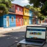 Bairro residencial brasileiro com notebook exibindo mini site imobiliário local