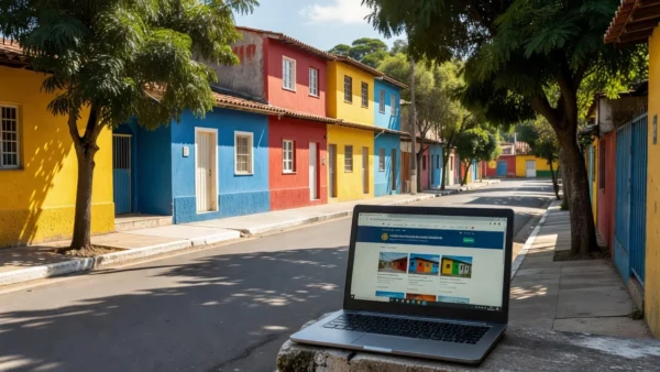Bairro residencial brasileiro com notebook exibindo mini site imobiliário local