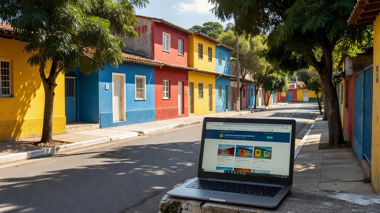 Bairro residencial brasileiro com notebook exibindo mini site imobiliário local