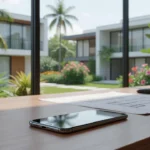 Smartphone em mesa de escritório imobiliário brasileiro com vista para casas modernas