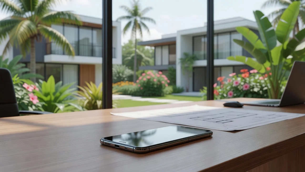Smartphone em mesa de escritório imobiliário brasileiro com vista para casas modernas