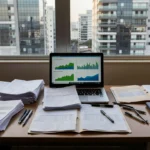 Mesa com documentos de financiamento imobiliário em escritório no Brasil