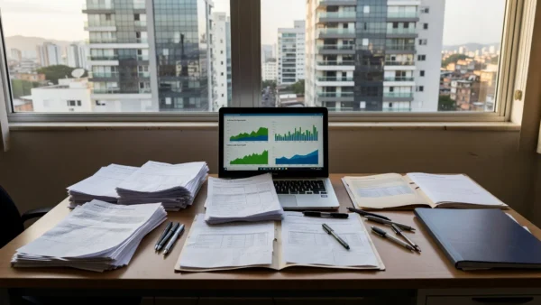 Mesa com documentos de financiamento imobiliário em escritório no Brasil