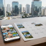 Smartphone com Instagram de imóveis e calendário de conteúdo em mesa