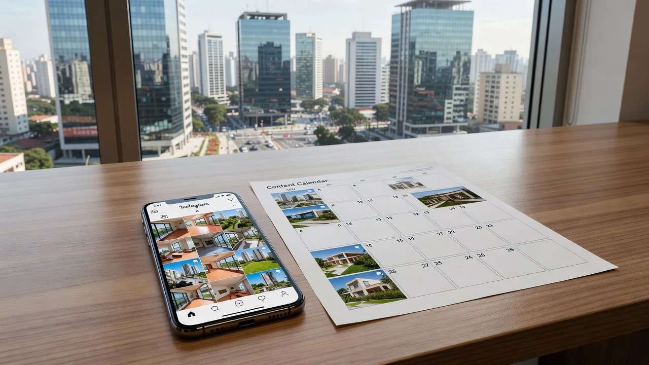 Smartphone com Instagram de imóveis e calendário de conteúdo em mesa