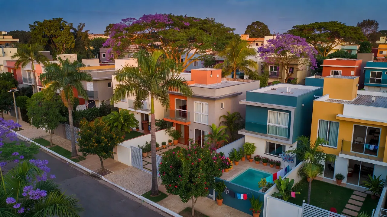 Vista aérea de bairro residencial brasileiro com casas modernas