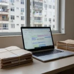 Mesa com laptop mostrando alertas do Google Calendar para propostas imobiliárias
