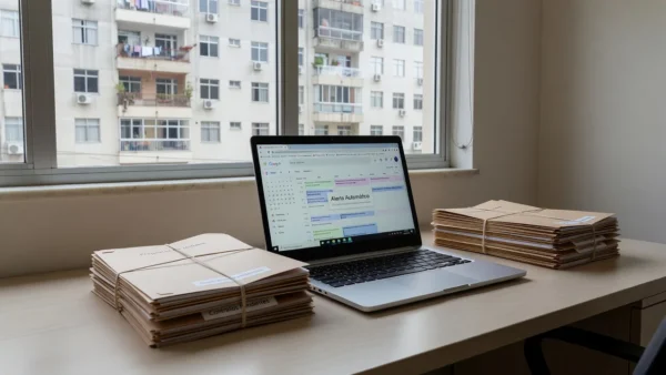 Mesa com laptop mostrando alertas do Google Calendar para propostas imobiliárias