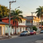 Rua residencial brasileira com casas e imóveis em bairro suburbano