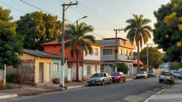 Rua residencial brasileira com casas e imóveis em bairro suburbano