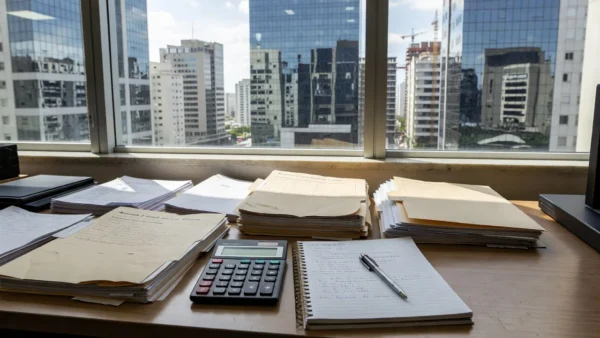 Mesa com pastas e calculadora em escritório imobiliário brasileiro para metas de vendas