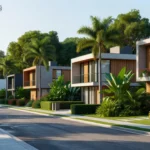 Conjunto de casas residenciais em bairro brasileiro para relatório de métricas imobiliárias