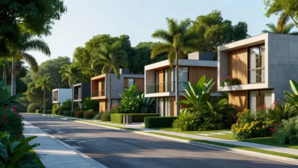 Conjunto de casas residenciais em bairro brasileiro para relatório de métricas imobiliárias